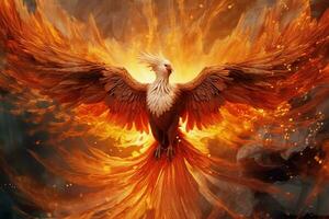 Phoenix bird with outstretched wings rising burning in flames. Epic phoenix bird fire rebirth power concept by AI Generated photo