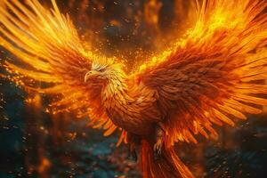 Phoenix bird with outstretched wings rising burning in flames. Epic phoenix bird fire rebirth power concept by AI Generated photo