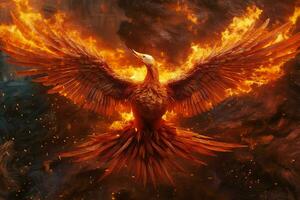 Phoenix bird with outstretched wings rising burning in flames. Epic phoenix bird fire rebirth power concept by AI Generated photo