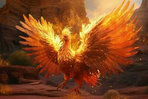 Phoenix bird with outstretched wings rising burning in flames. Epic phoenix bird fire rebirth power concept by AI Generated photo