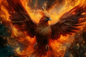 Phoenix bird with outstretched wings rising burning in flames. Epic phoenix bird fire rebirth power concept by AI Generated photo