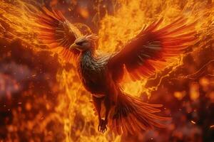 Phoenix bird with outstretched wings rising burning in flames. Epic phoenix bird fire rebirth power concept by AI Generated photo