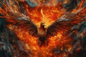 Phoenix bird with outstretched wings rising burning in flames. Epic phoenix bird fire rebirth power concept by AI Generated photo