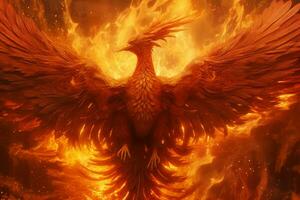 Phoenix bird with outstretched wings rising burning in flames. Epic phoenix bird fire rebirth power concept by AI Generated photo