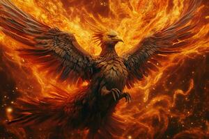 Phoenix bird with outstretched wings rising burning in flames. Epic phoenix bird fire rebirth power concept by AI Generated photo