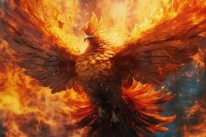 Phoenix bird with outstretched wings rising burning in flames. Epic phoenix bird fire rebirth power concept by AI Generated photo