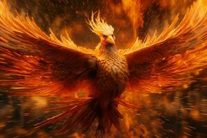 Phoenix bird with outstretched wings rising burning in flames. Epic phoenix bird fire rebirth power concept by AI Generated photo