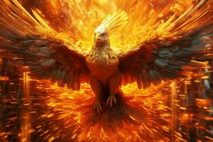 Phoenix bird with outstretched wings rising burning in flames. Epic phoenix bird fire rebirth power concept by AI Generated photo