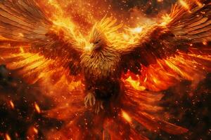 Phoenix bird with outstretched wings rising burning in flames. Epic phoenix bird fire rebirth power concept by AI Generated photo