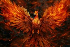 Phoenix bird with outstretched wings rising burning in flames. Epic phoenix bird fire rebirth power concept by AI Generated photo