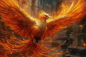 Phoenix bird with outstretched wings rising burning in flames. Epic phoenix bird fire rebirth power concept by AI Generated photo