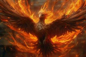 Phoenix bird with outstretched wings rising burning in flames. Epic phoenix bird fire rebirth power concept by AI Generated photo