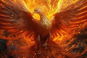 Phoenix bird with outstretched wings rising burning in flames. Epic phoenix bird fire rebirth power concept by AI Generated photo