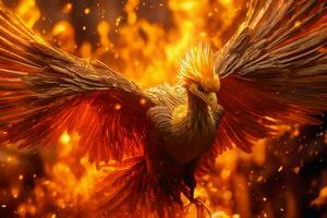 Phoenix bird with outstretched wings rising burning in flames. Epic phoenix bird fire rebirth power concept by AI Generated photo