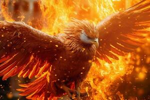 Phoenix bird with outstretched wings rising burning in flames. Epic phoenix bird fire rebirth power concept by AI Generated photo