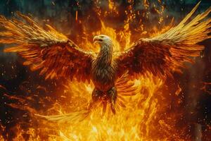 Phoenix bird with outstretched wings rising burning in flames. Epic phoenix bird fire rebirth power concept by AI Generated photo