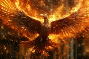 Phoenix bird with outstretched wings rising burning in flames. Epic phoenix bird fire rebirth power concept by AI Generated photo