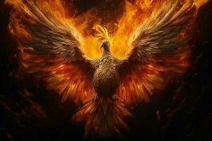 Phoenix bird with outstretched wings rising burning in flames. Epic phoenix bird fire rebirth power concept by AI Generated photo