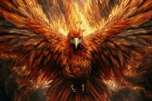 Phoenix bird with outstretched wings rising burning in flames. Epic phoenix bird fire rebirth power concept by AI Generated photo