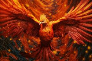 Phoenix bird with outstretched wings rising burning in flames. Epic phoenix bird fire rebirth power concept by AI Generated photo