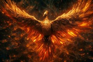 Phoenix bird with outstretched wings rising burning in flames. Epic phoenix bird fire rebirth power concept by AI Generated photo