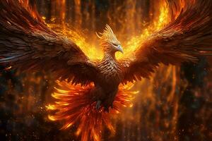 Phoenix bird with outstretched wings rising burning in flames. Epic phoenix bird fire rebirth power concept by AI Generated photo