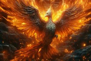 Phoenix bird with outstretched wings rising burning in flames. Epic phoenix bird fire rebirth power concept by AI Generated photo