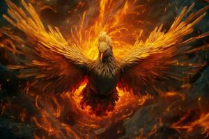 Phoenix bird with outstretched wings rising burning in flames. Epic phoenix bird fire rebirth power concept by AI Generated photo