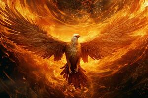 Phoenix bird with outstretched wings rising burning in flames. Epic phoenix bird fire rebirth power concept by AI Generated photo