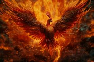 Phoenix bird with outstretched wings rising burning in flames. Epic phoenix bird fire rebirth power concept by AI Generated photo