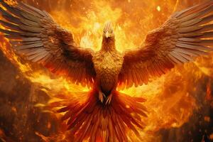 Phoenix bird with outstretched wings rising burning in flames. Epic phoenix bird fire rebirth power concept by AI Generated photo