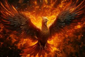 Phoenix bird with outstretched wings rising burning in flames. Epic phoenix bird fire rebirth power concept by AI Generated photo