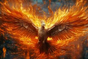 Phoenix bird with outstretched wings rising burning in flames. Epic phoenix bird fire rebirth power concept by AI Generated photo