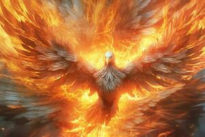 Phoenix bird with outstretched wings rising burning in flames. Epic phoenix bird fire rebirth power concept by AI Generated photo