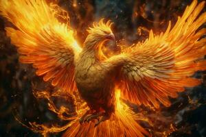 Phoenix bird with outstretched wings rising burning in flames. Epic phoenix bird fire rebirth power concept by AI Generated photo