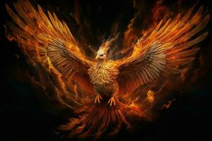 Phoenix bird with outstretched wings rising burning in flames. Epic phoenix bird fire rebirth power concept by AI Generated photo