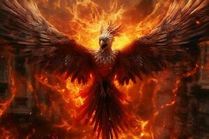 Phoenix bird with outstretched wings rising burning in flames. Epic phoenix bird fire rebirth power concept by AI Generated photo