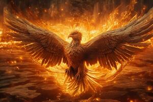 Phoenix bird with outstretched wings rising burning in flames. Epic phoenix bird fire rebirth power concept by AI Generated photo