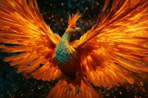 Phoenix bird with outstretched wings rising burning in flames. Epic phoenix bird fire rebirth power concept by AI Generated photo