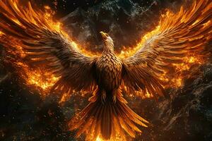 Phoenix bird with outstretched wings rising burning in flames. Epic phoenix bird fire rebirth power concept by AI Generated photo