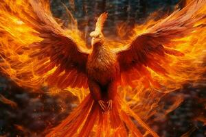 Phoenix bird with outstretched wings rising burning in flames. Epic phoenix bird fire rebirth power concept by AI Generated photo