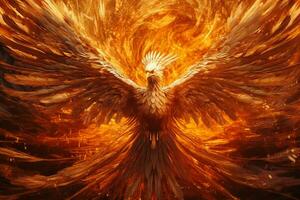 Phoenix bird with outstretched wings rising burning in flames. Epic phoenix bird fire rebirth power concept by AI Generated photo