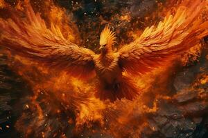 Phoenix bird with outstretched wings rising burning in flames. Epic phoenix bird fire rebirth power concept by AI Generated photo