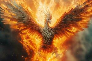 Phoenix bird with outstretched wings rising burning in flames. Epic phoenix bird fire rebirth power concept by AI Generated photo