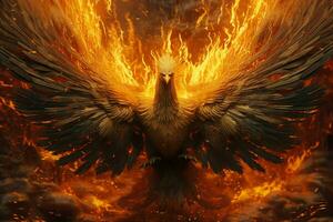 Phoenix bird with outstretched wings rising burning in flames. Epic phoenix bird fire rebirth power concept by AI Generated photo