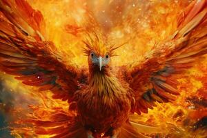 Phoenix bird with outstretched wings rising burning in flames. Epic phoenix bird fire rebirth power concept by AI Generated photo