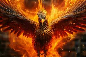 Phoenix bird with outstretched wings rising burning in flames. Epic phoenix bird fire rebirth power concept by AI Generated photo