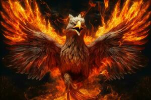 Phoenix bird with outstretched wings rising burning in flames. Epic phoenix bird fire rebirth power concept by AI Generated photo