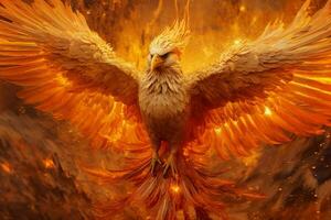 Phoenix bird with outstretched wings rising burning in flames. Epic phoenix bird fire rebirth power concept by AI Generated photo