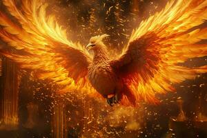 Phoenix bird with outstretched wings rising burning in flames. Epic phoenix bird fire rebirth power concept by AI Generated photo